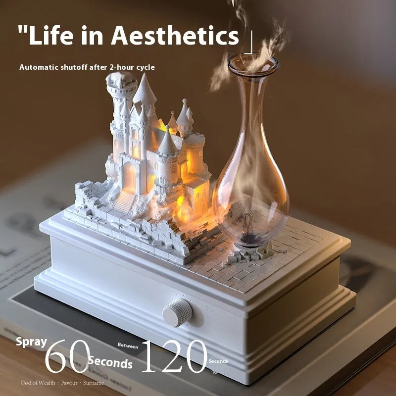 White medieval castle ornament aromatherapy machine with ambient light on a table.