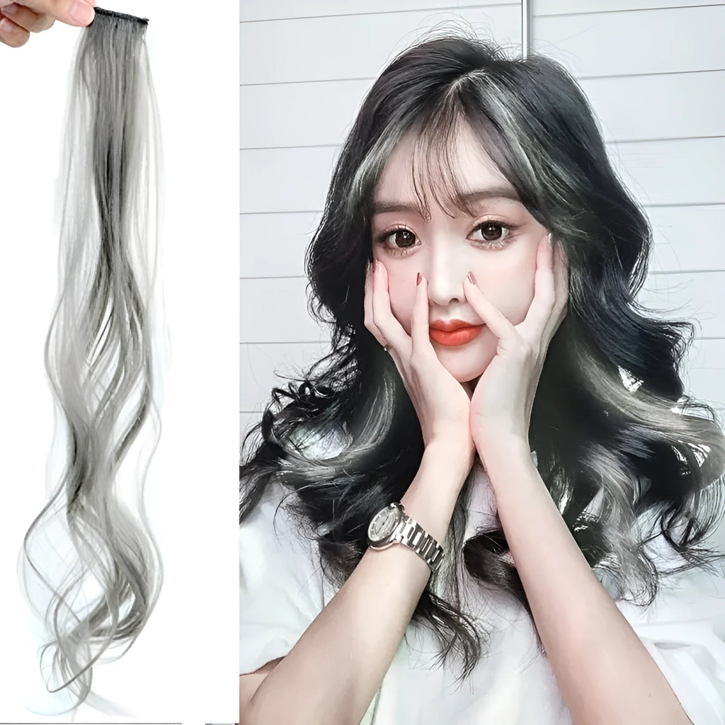 Long 60cm curly gradient hair wig patch in mixed silk material on a card, showing clip-in mechanism.