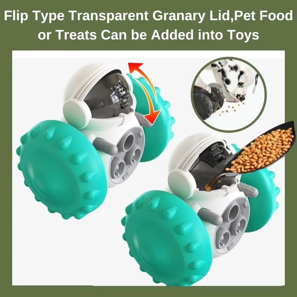 Self-balancing dog treat dispenser toy in robot design with tumbler mechanism