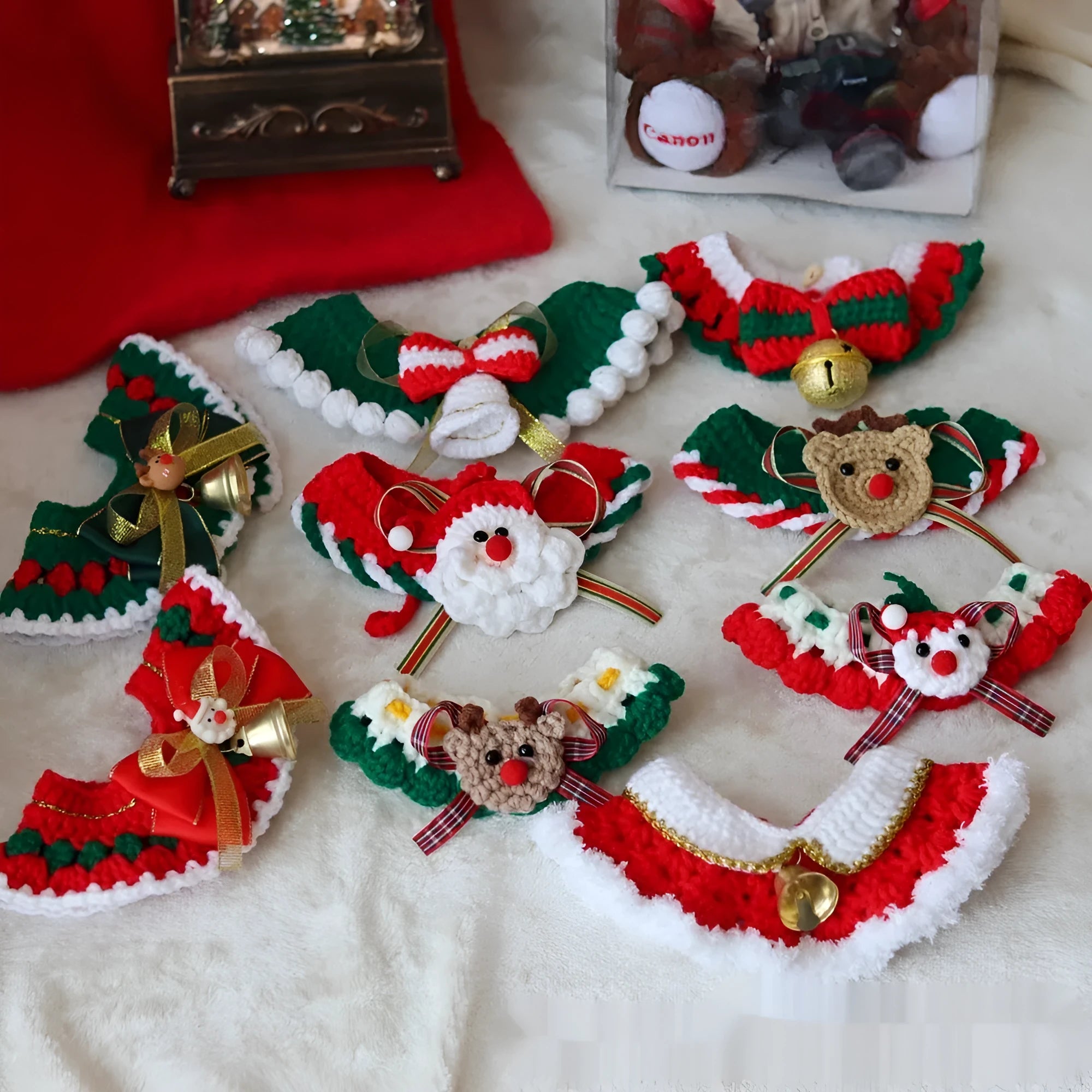 Knitted wool Christmas pet scarf collar in striped Santa Claus design on dog