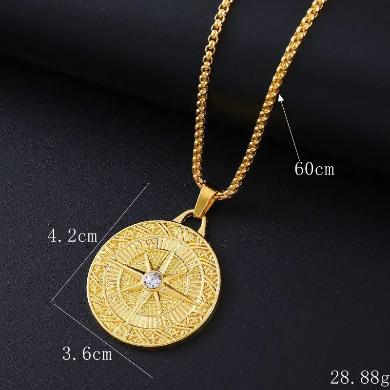 Geometric gold-coloured alloy pendant necklace with inlaid zircon stones for women.