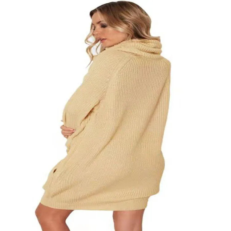 Women's lapel collar loose fit sweater in light apricot colour with front pockets