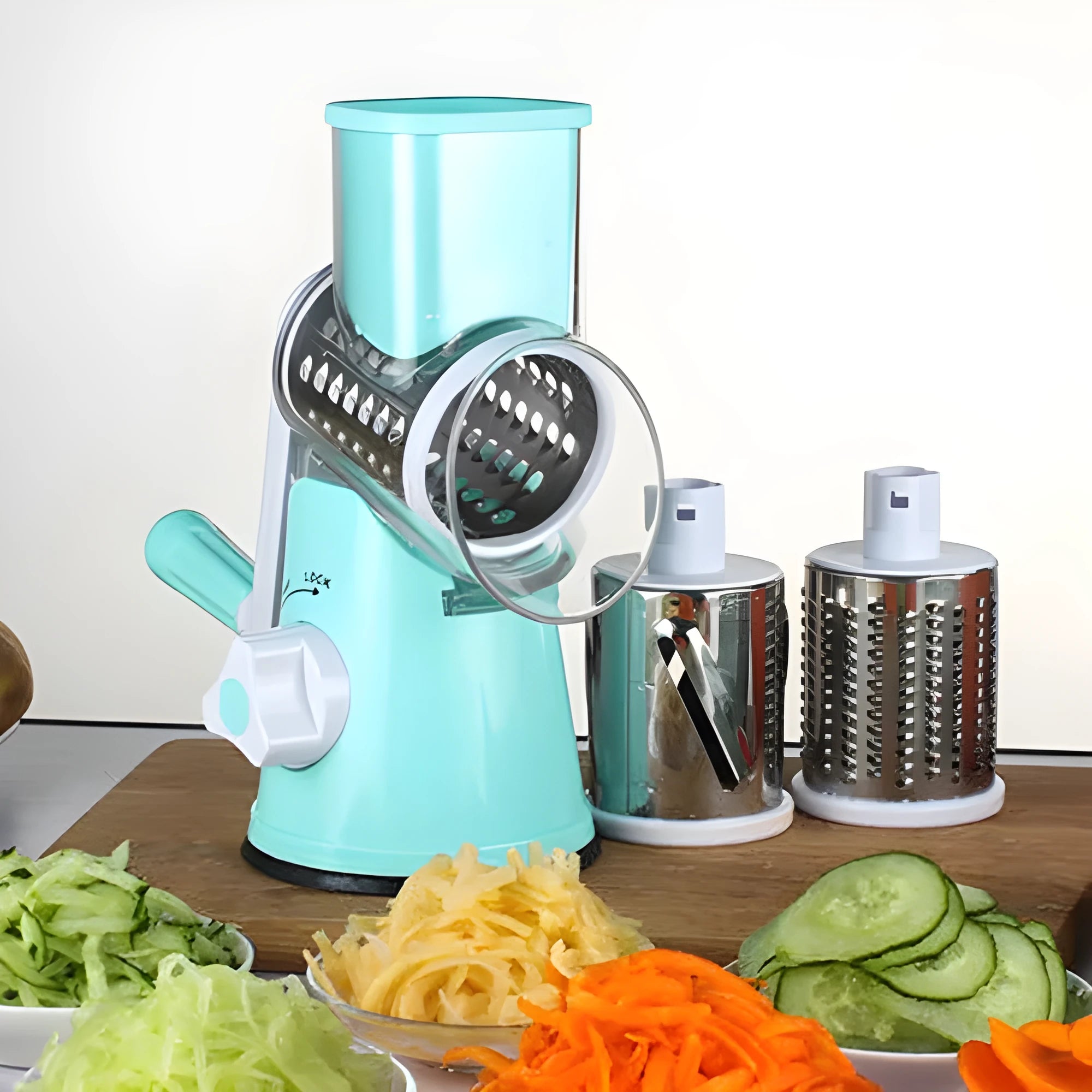 Manual kitchen mandoline slicer with round stainless steel blade in blue, green or red colours