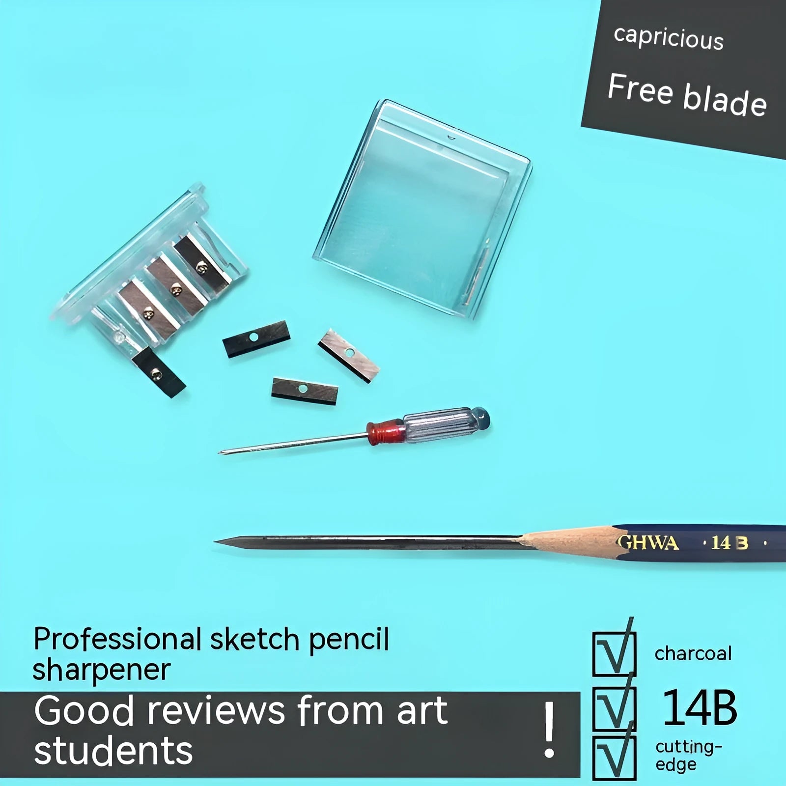 Geometric plastic pencil sharpener with four holes and an integrated screwdriver