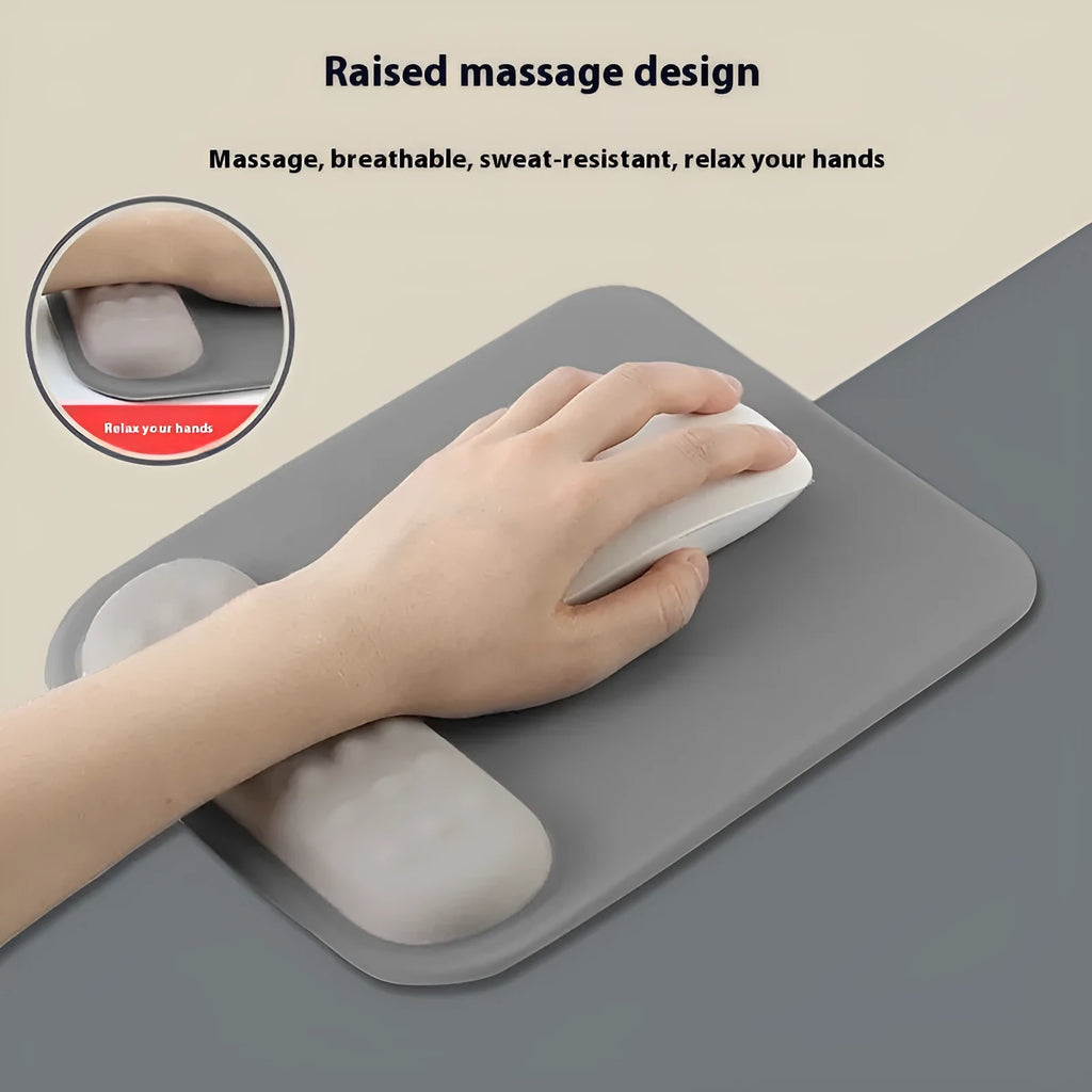 Ergonomic cloth silicone mouse pad with integrated wrist rest in multiple colour options.