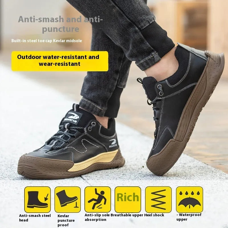 Men's Flyknit safety work shoes with leather upper and rubber sole in multiple colour options