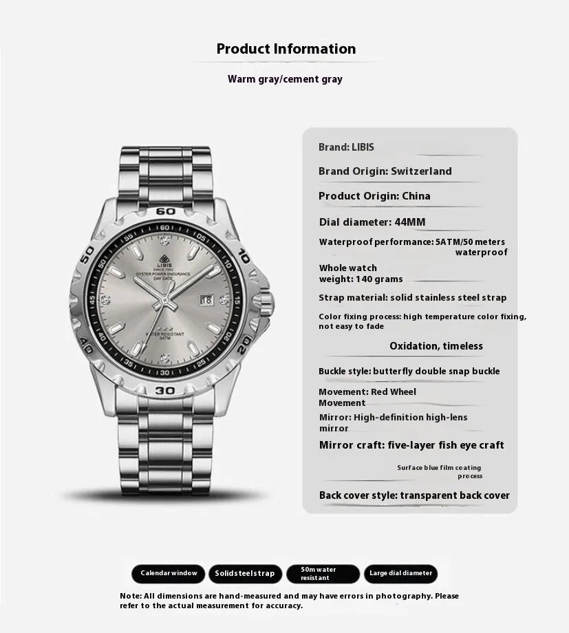 Silver case quartz watch with stainless steel strap and luminous waterproof features