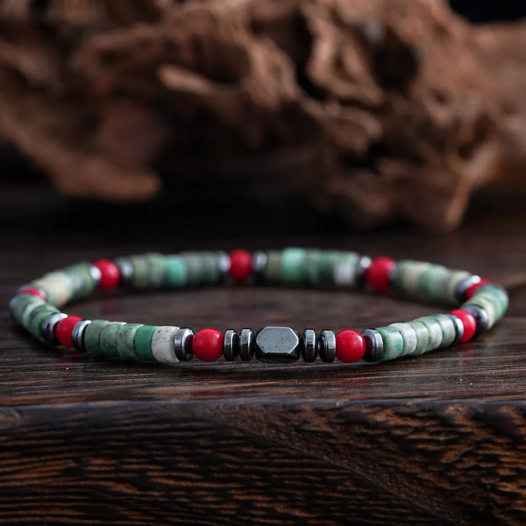 Men's bohemian bracelet with cylindrical semi-precious stone beads on a hand-woven cord.