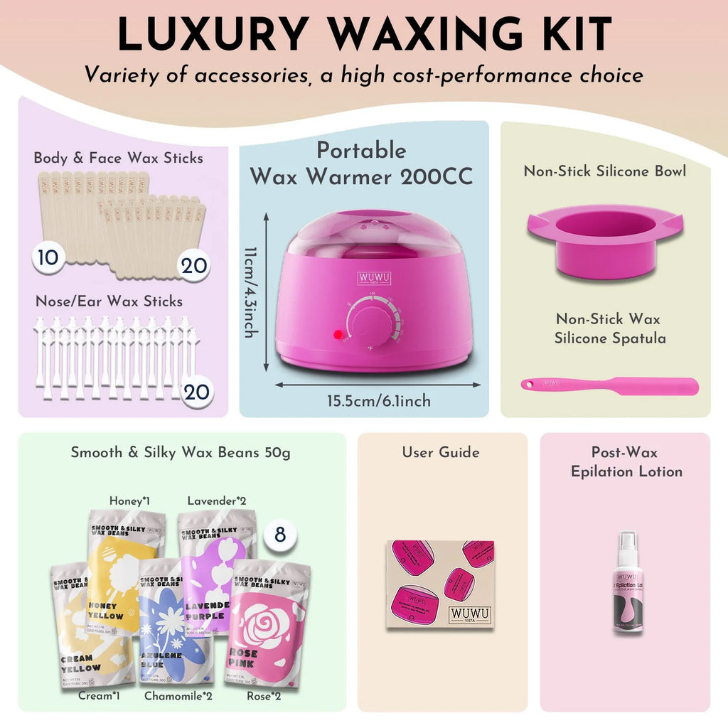 WUWUVISTA 63-piece waxing kit with black warmer, pink wax beads, applicator sticks and lotion