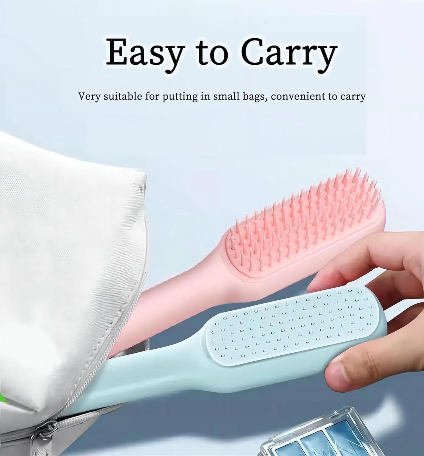 Dual-sided dog grooming brush for small breeds with soft bristles in blue colour