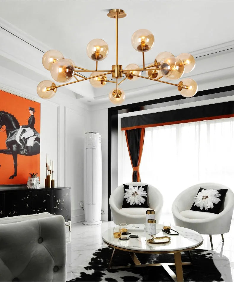 Brass LED glass chandelier with iron frame, 128cm diameter, E14 warm light, for living room