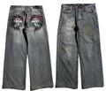 Men's grey washed-out straight-leg jeans with wide-leg workwear design