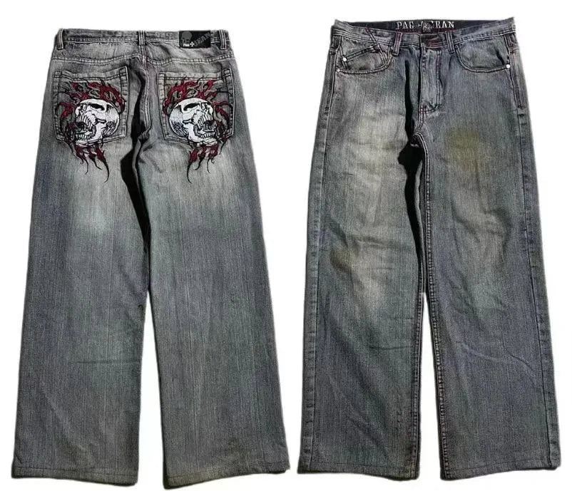 Men's grey washed-out straight-leg jeans with wide-leg workwear design