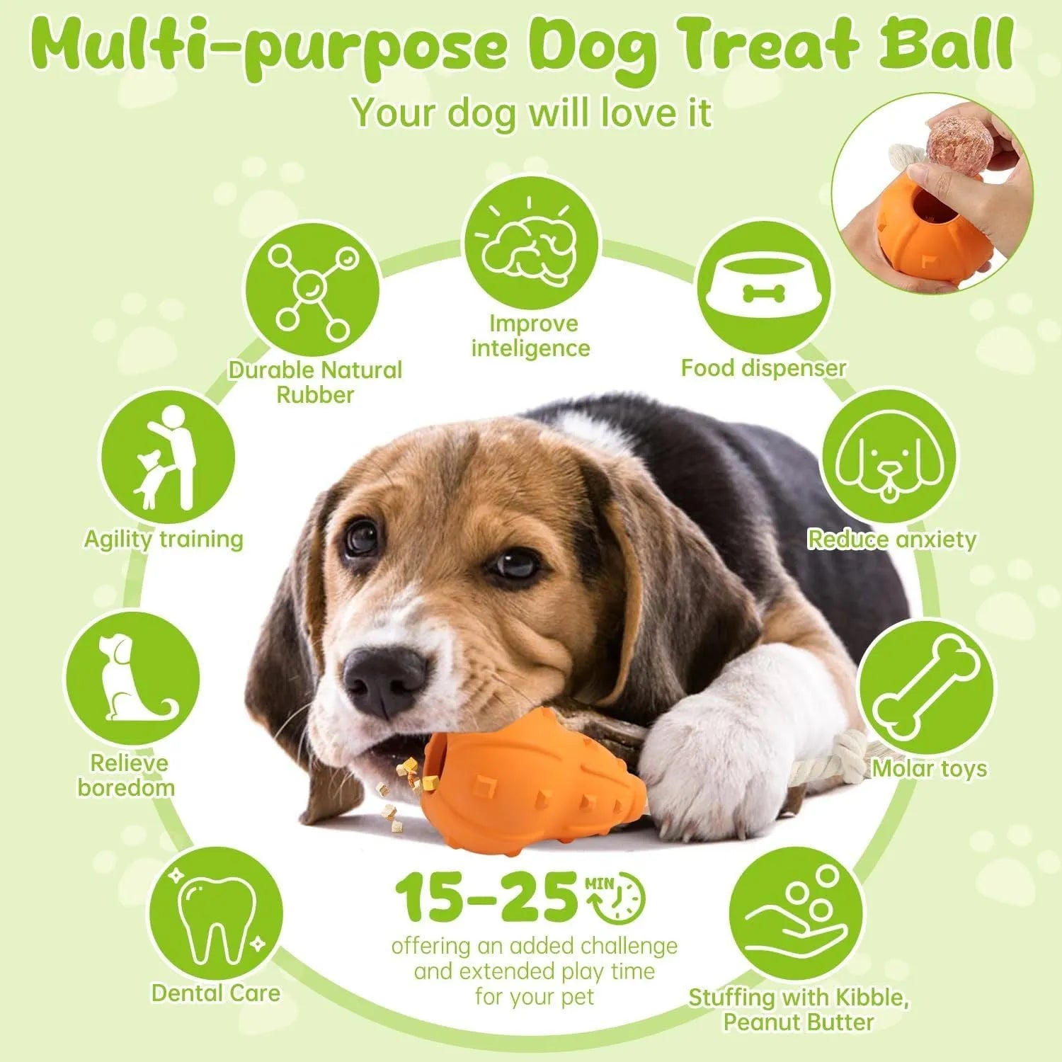 Natural rubber stuffable dog chew toy for small medium dogs, shown with a longer strap.