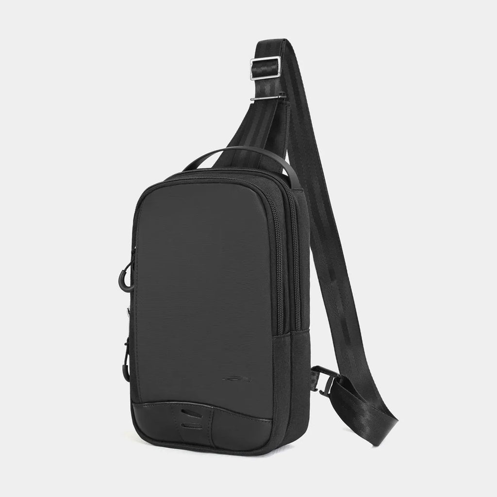 Casual black camouflage pattern chest bag with a single shoulder strap and soft handle.