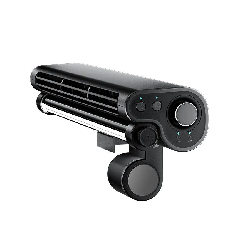Black USB-powered bladeless clip-on fan with integrated lighting lamp attached to a laptop screen.