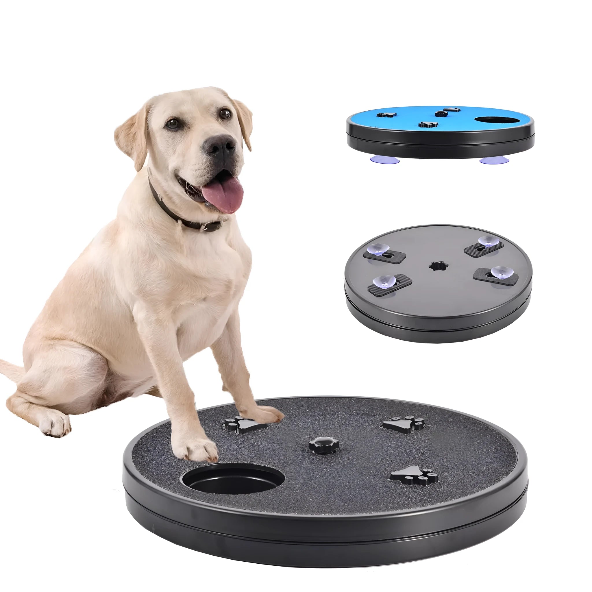 Square dog scratch pad with rotatable top cover showing food compartments and textured scratching surface