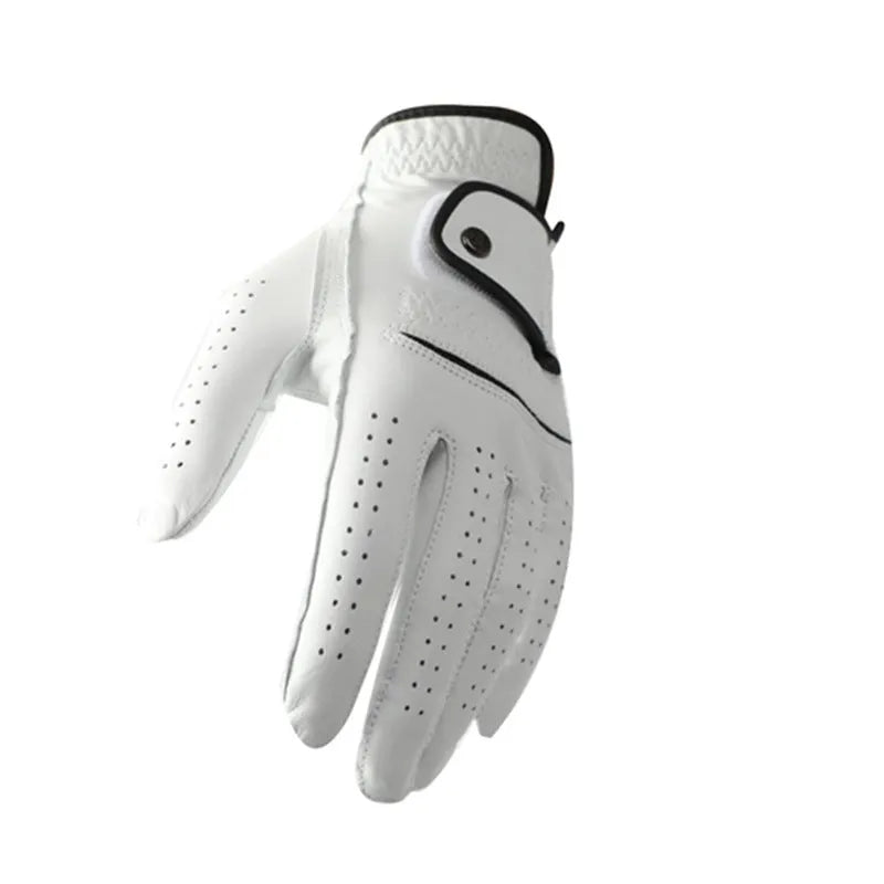 White half sheepskin men's golf glove showing non-slip palm detail.