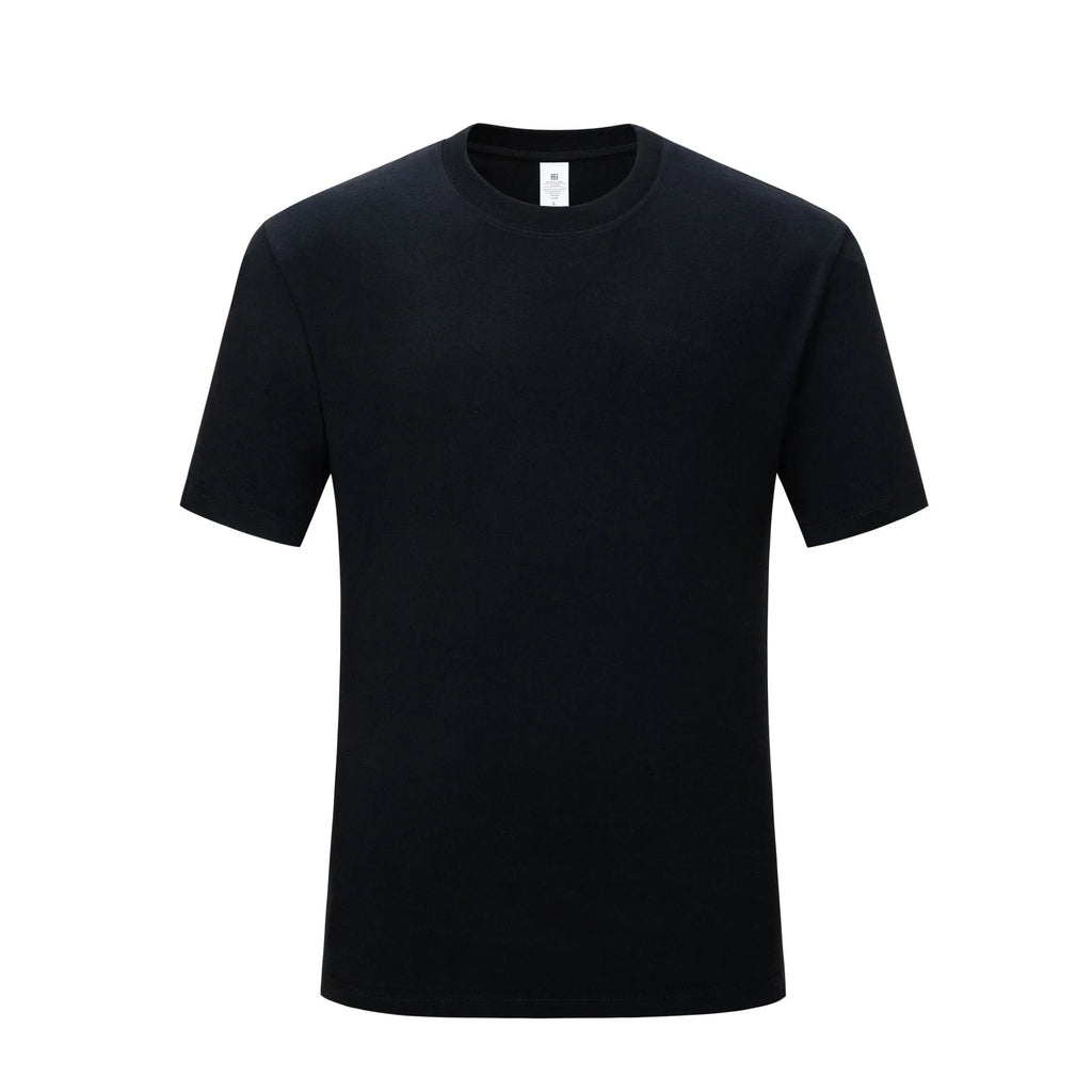 Men's loose fit solid colour cotton T-shirt on a hanger, shown in black and white.