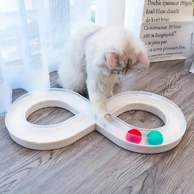 Blue and white cat turntable track ball toy with teasing stick attachment measuring 50cm
