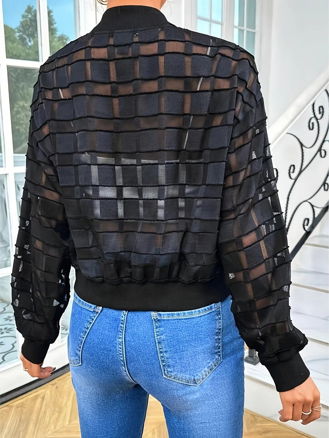 Women's black geometric pattern semi-transparent thread casual jacket with zipper