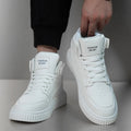 Men's white round toe casual shoes with a microfibre upper on a plain background.