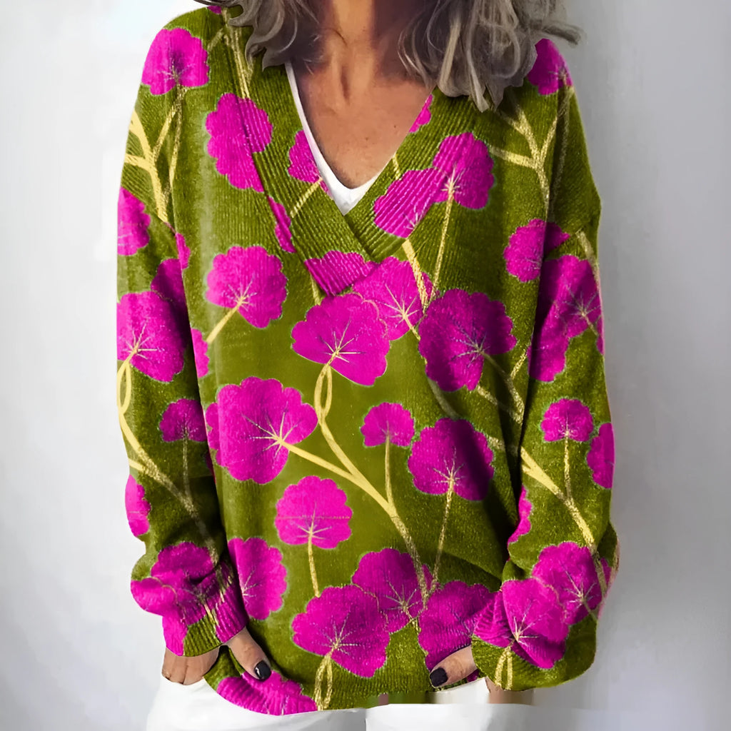 Women's long sleeve V-neck sweatshirt with a detailed 3D floral print in an art retro style.