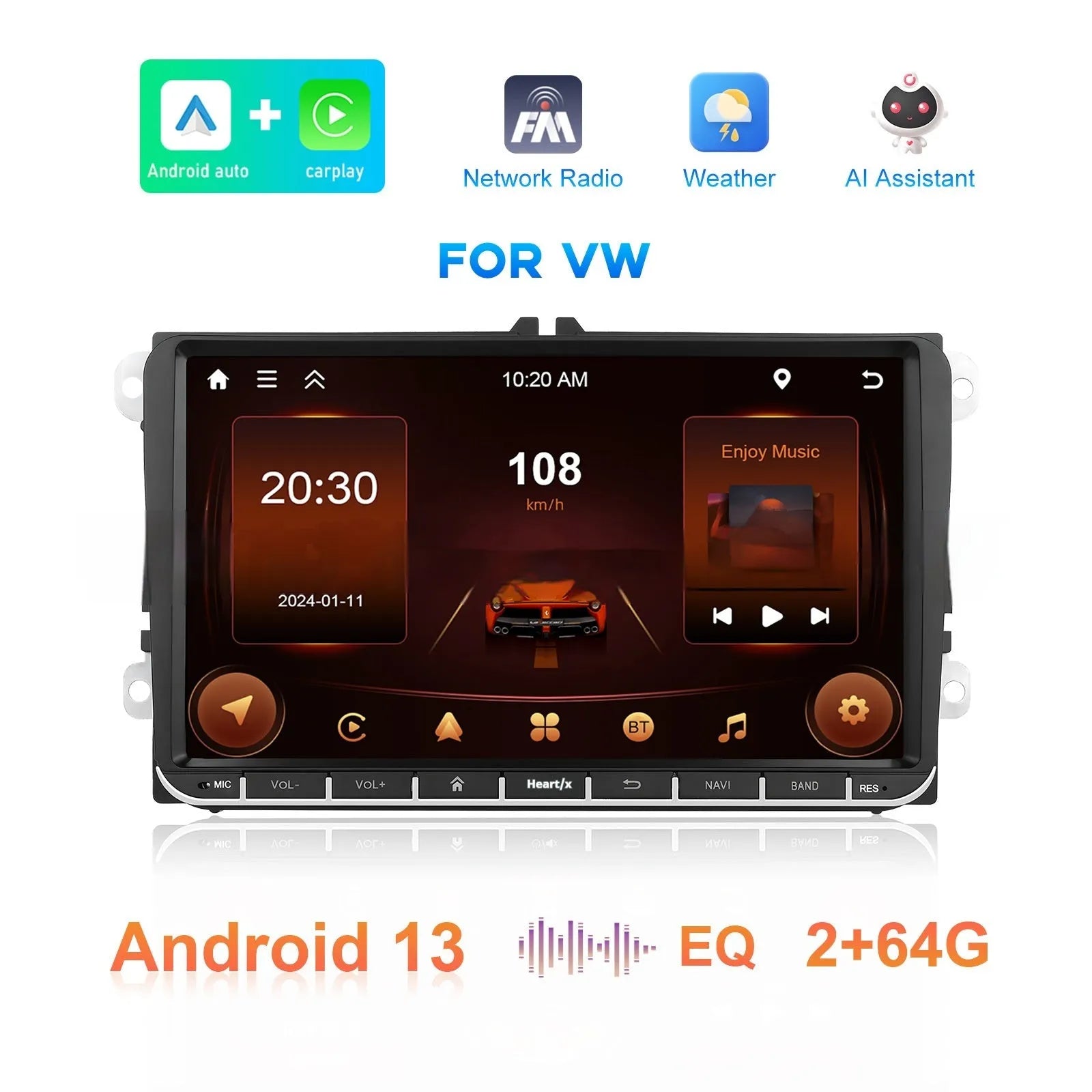 Volkswagen car dashboard showing 7-inch Android central control unit with navigation map on screen