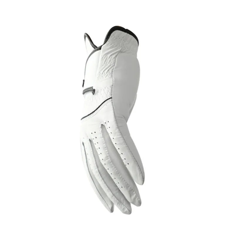White half sheepskin men's golf glove showing non-slip palm detail.