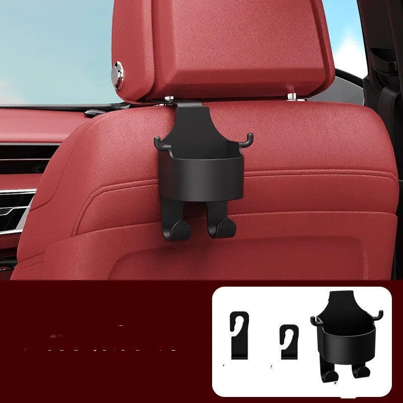 Black plastic car seat back organiser hook with cup holder and hanging hook