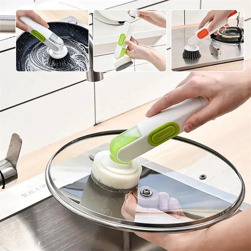 Long-handle kitchen cleaning brush with liquid dispenser and two brush heads in white and green colour