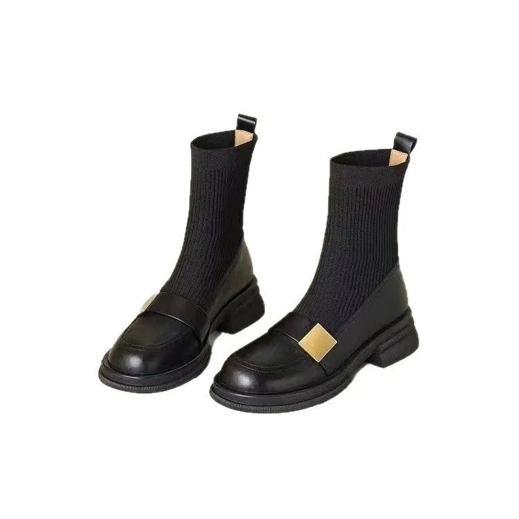 Mid-heel retro new loafer ankle boots for women, black PU leather with elastic band and round toe