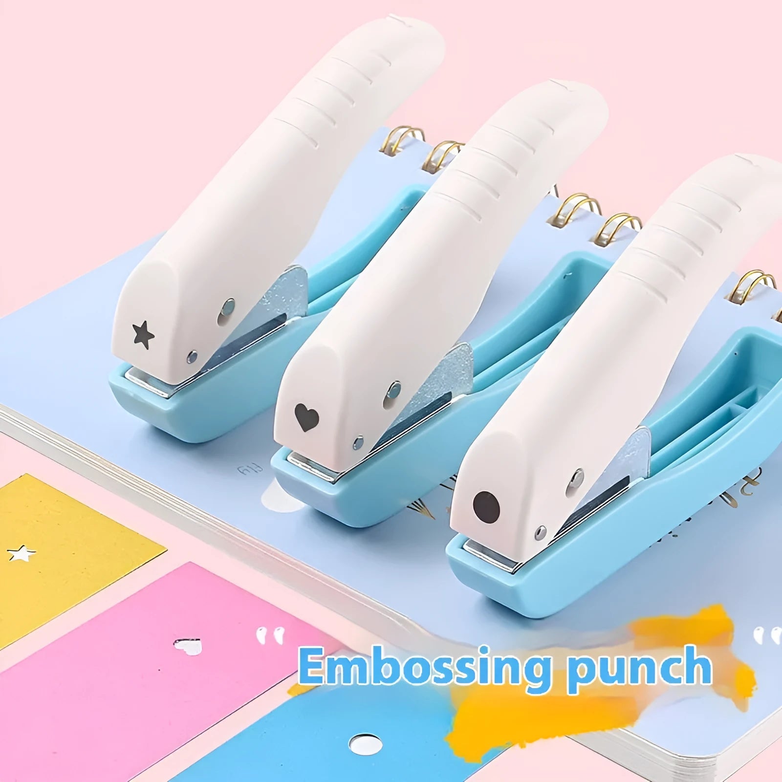 Manual kindergarten pattern punching machine showing 4mm embossing heads for love, star, and round shapes.
