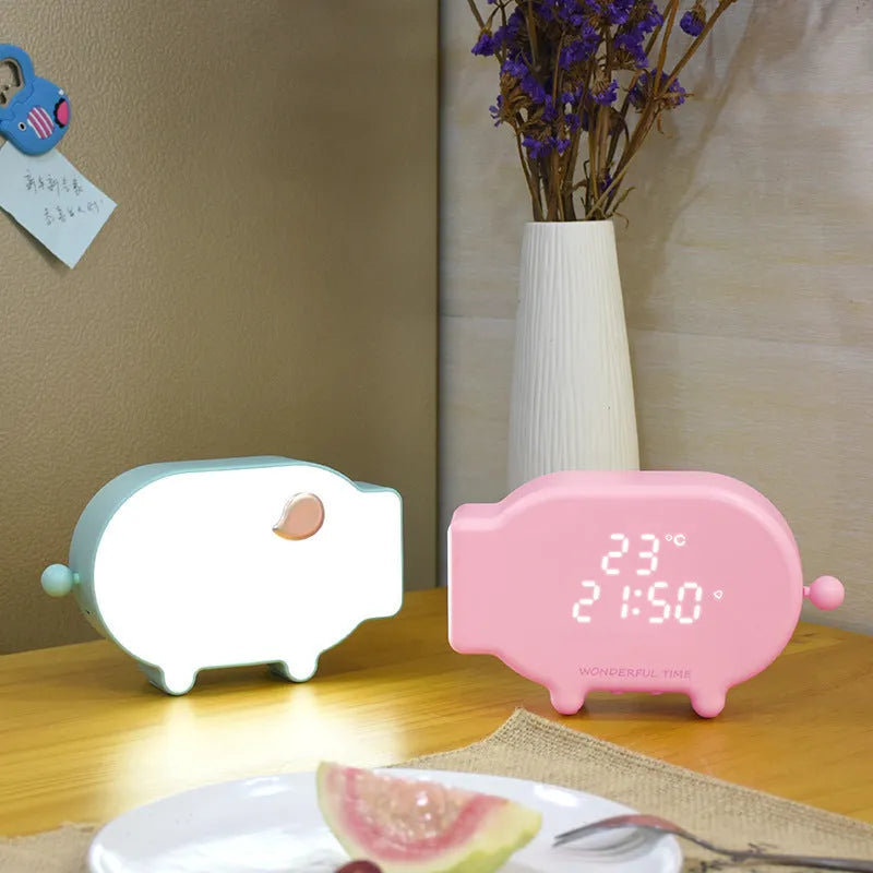 Blue multifunctional LED alarm clock showing time and temperature, with a USB charging port