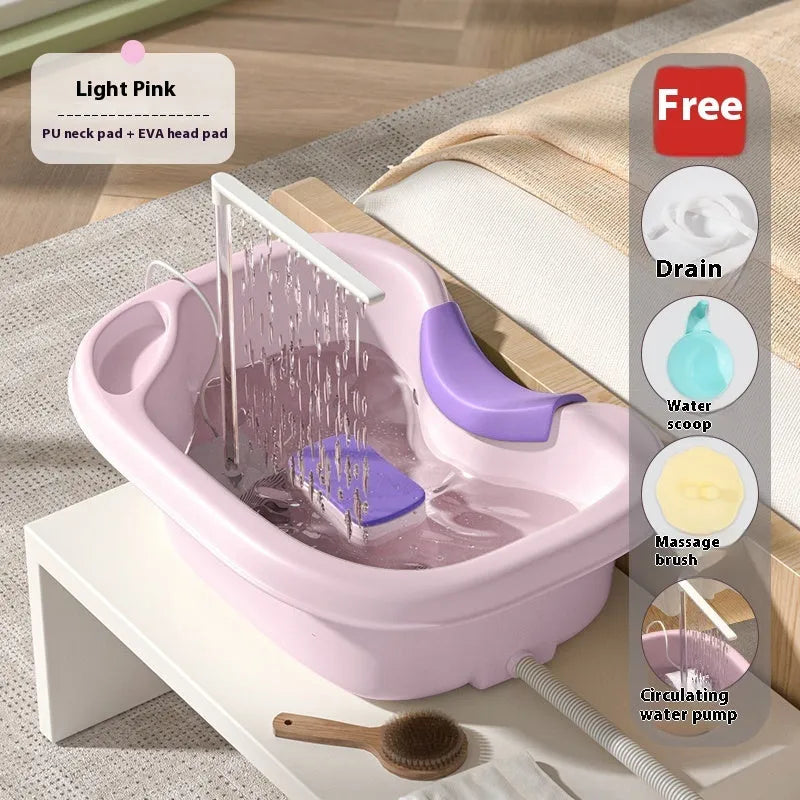 Light pink portable shampoo basin with head pillow for lying down hair washing