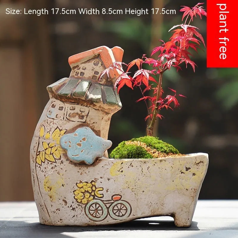 Large handmade ceramic flowerpot with pastoral hand-painted design for indoor plants