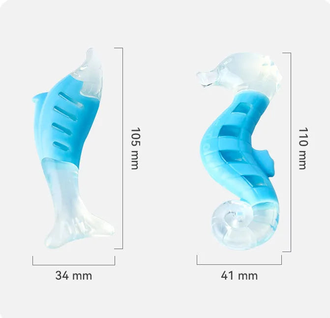 PU nylon dog chew toys in seahorse and tuna shapes with flexible gum design
