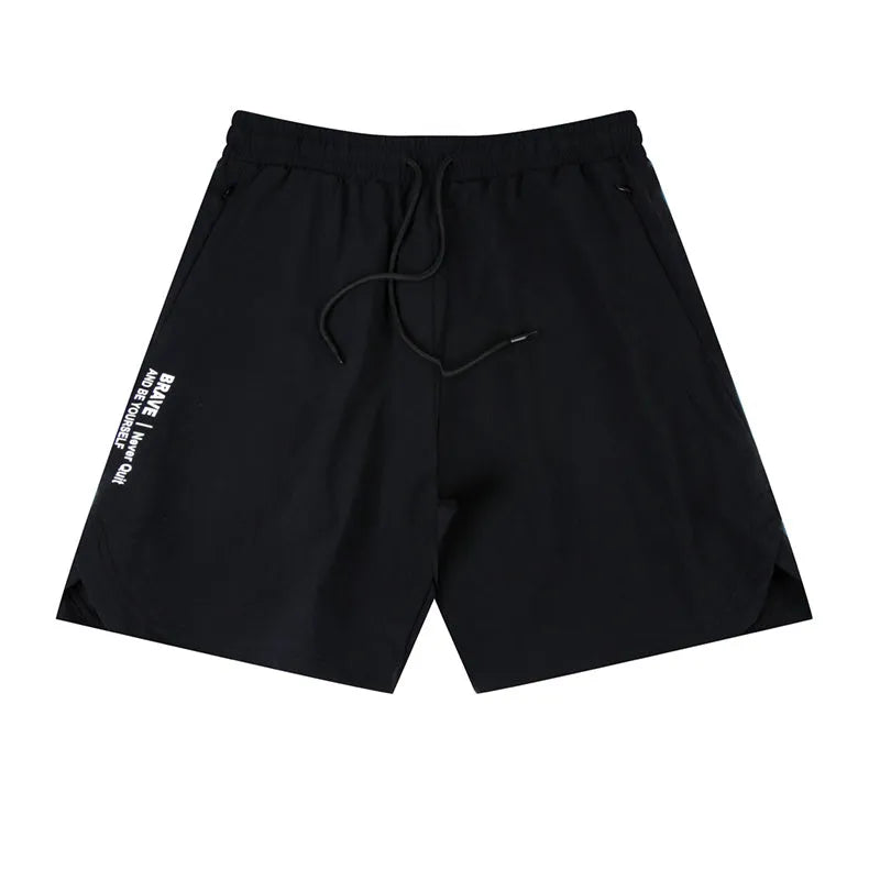 Men's black quick-drying sports running shorts with contrast side panels, shown in a size L.