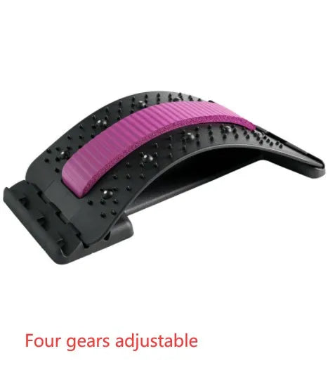 A blue and black adjustable back stretcher with 8 massage heads in a rectangular trapezoid shape for waist and back pain relief.