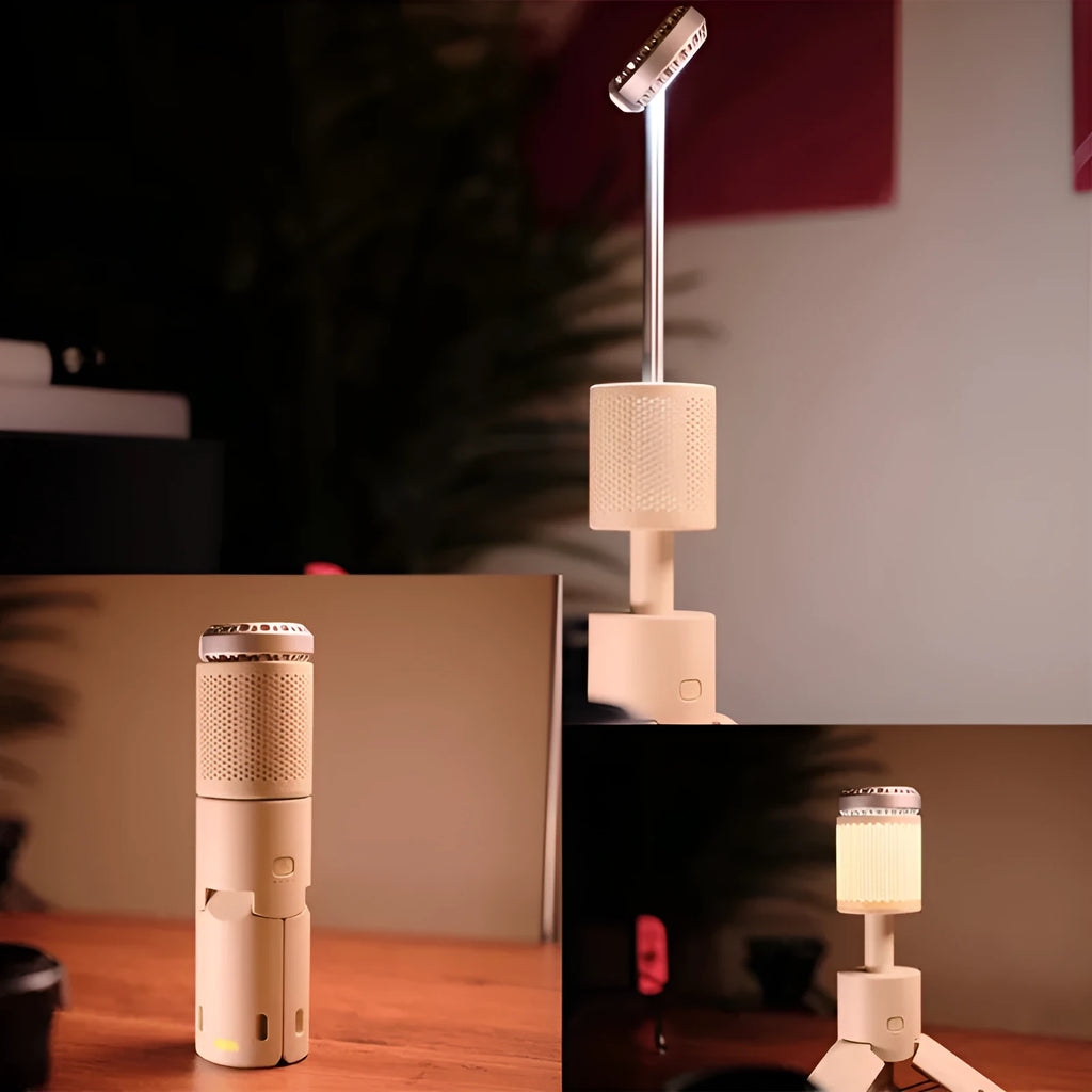 Portable LED camping light in creamy white and dark grey colours with button switch