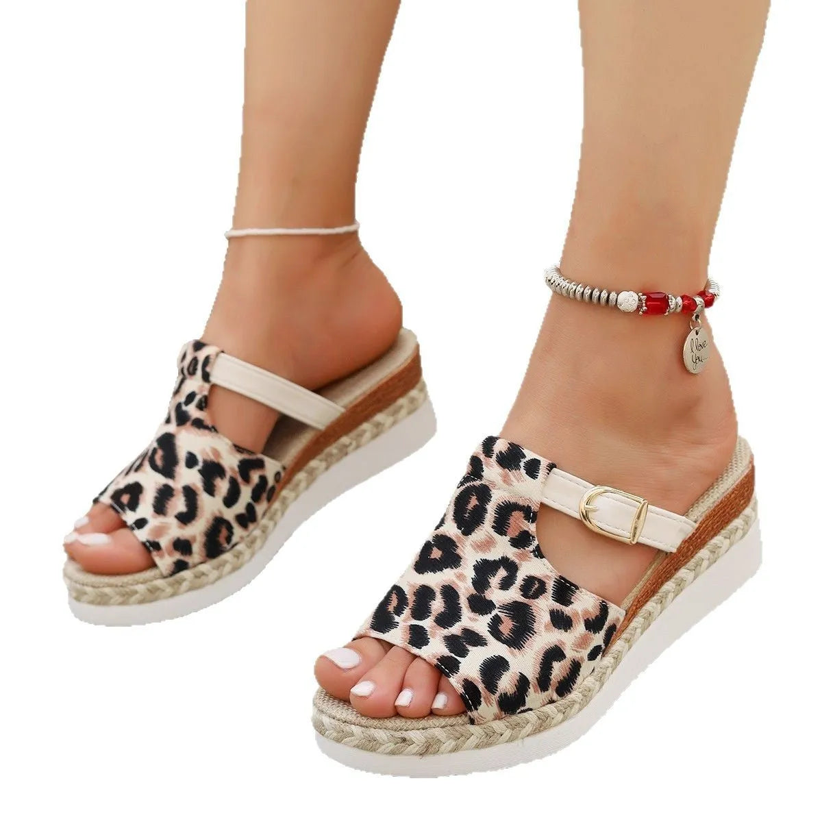 Women's leopard print wedge platform sandals with fish mouth toe in beige, on a rubber sole.