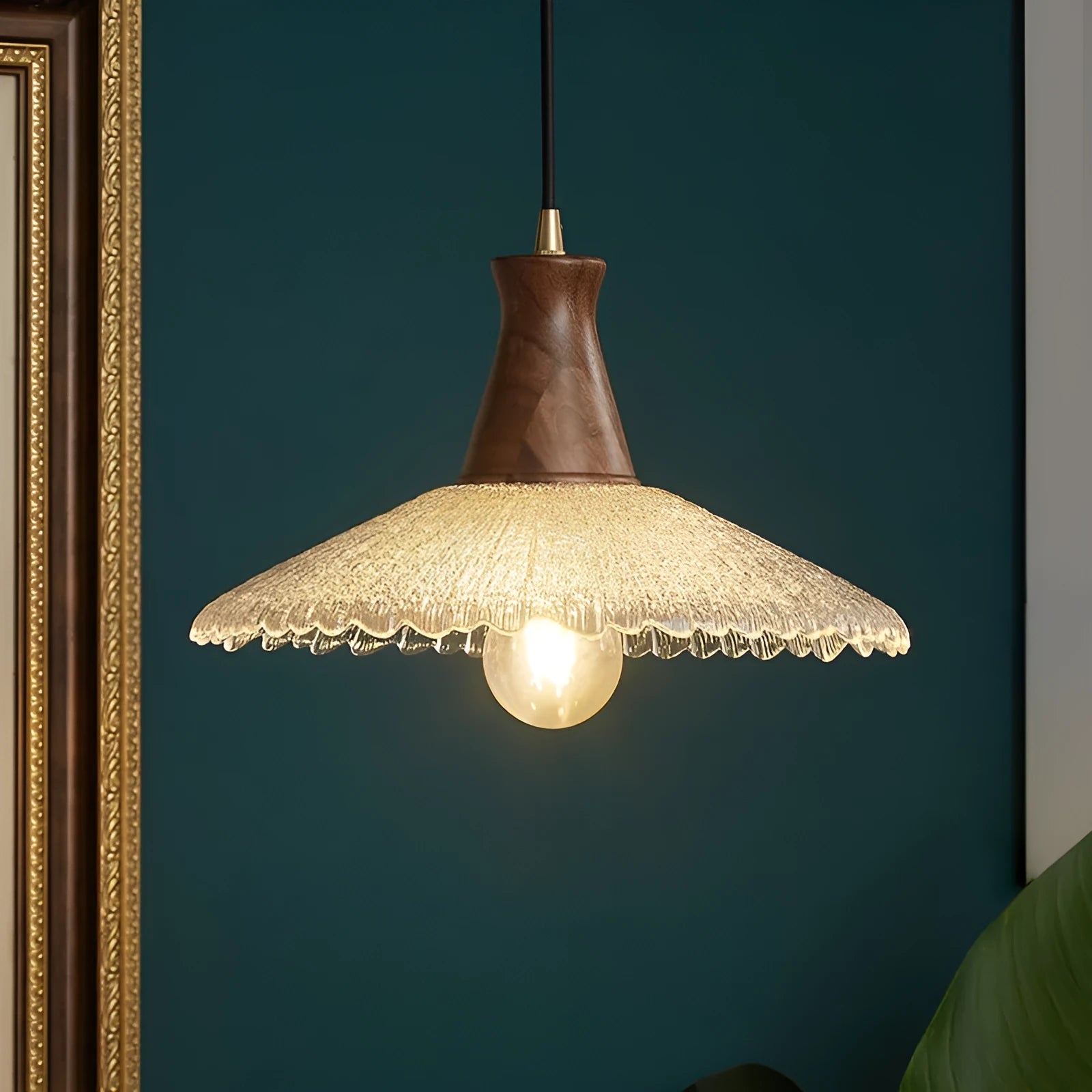 Wood and brass electroplated ceiling lamp with glass shade in three available sizes