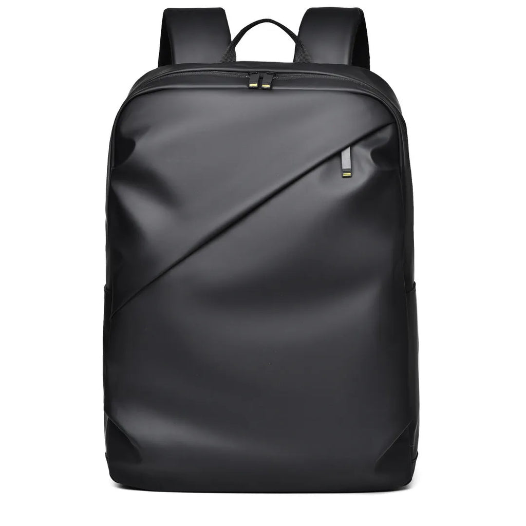 Large black waterproof PU leather computer backpack with simple design and sewing thread detailing