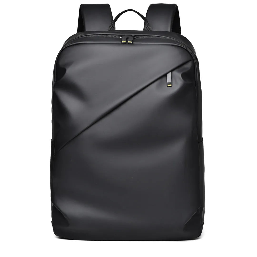 Large black waterproof PU leather computer backpack with simple design and sewing thread detailing