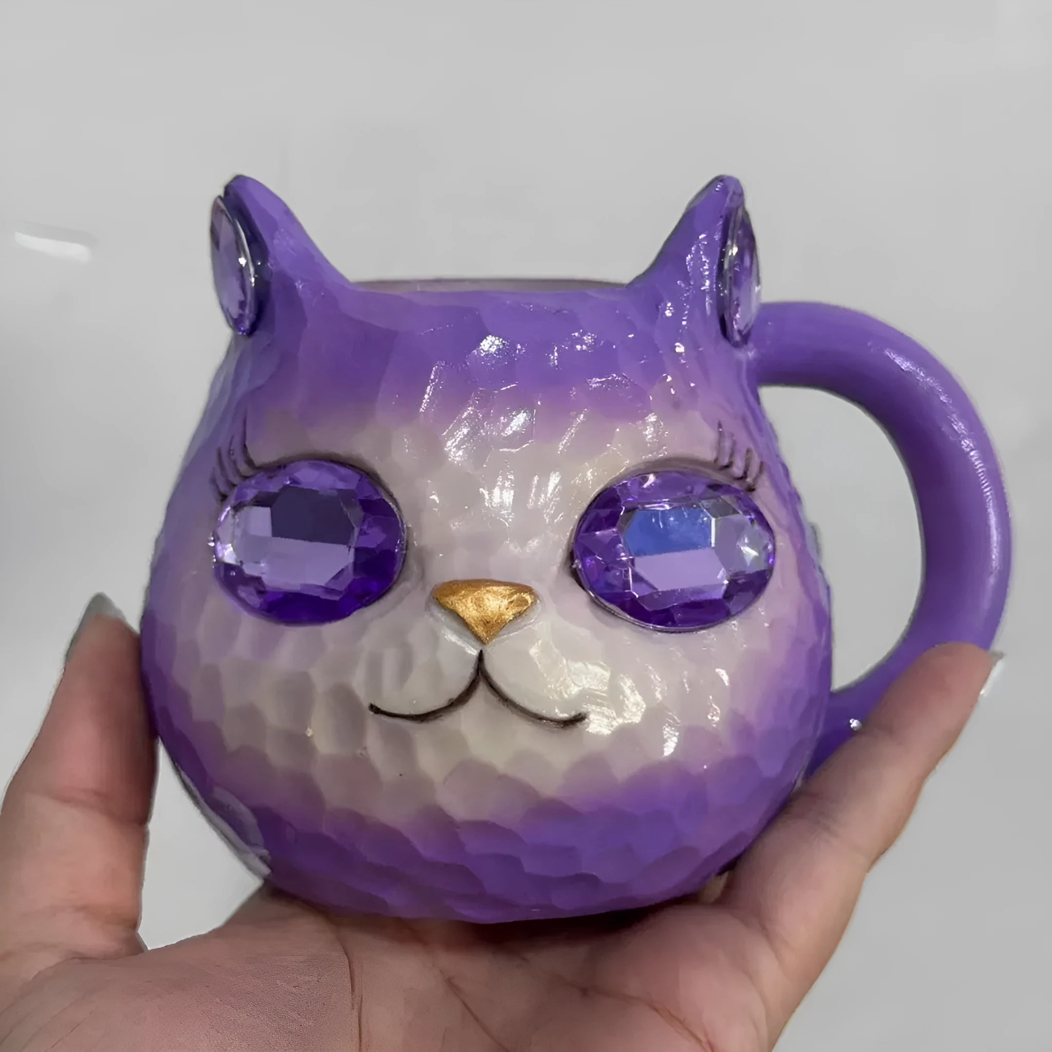 American style decorative Cat Cup resin figurine in blue, green, pink, and purple colour options.