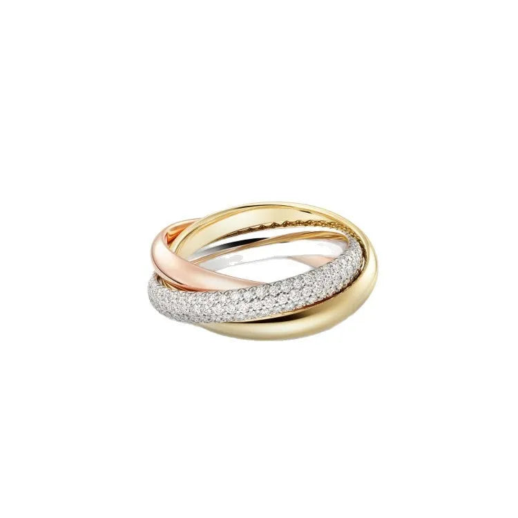 A geometric U-shaped silver couple ring set with diamonds, shown in rose gold and black colour variants.