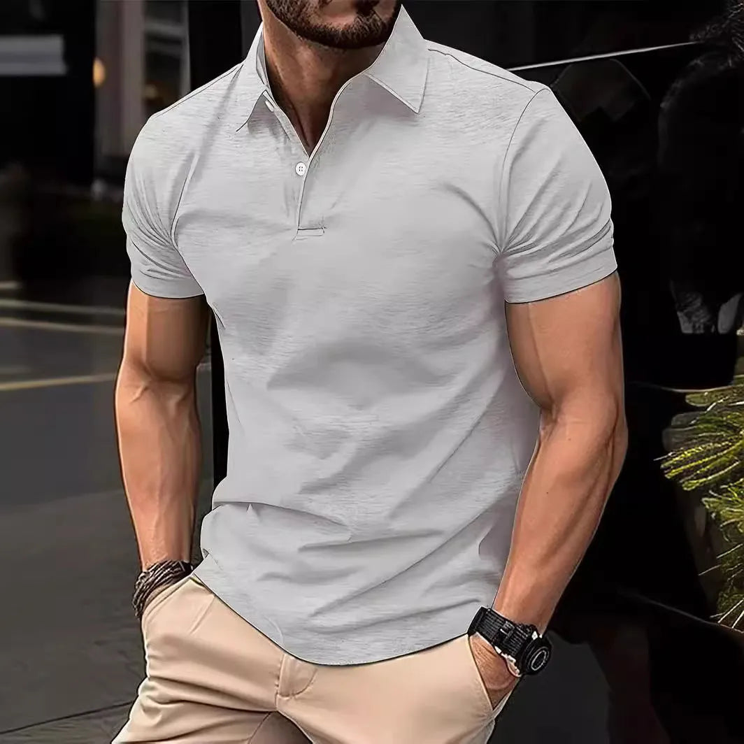 Men's solid colour slim fit short sleeve shirt in cotton mixed fabric on a hanger.