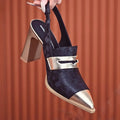 Women's black chunky heel strap sandals with pointed toe and elastic band closure