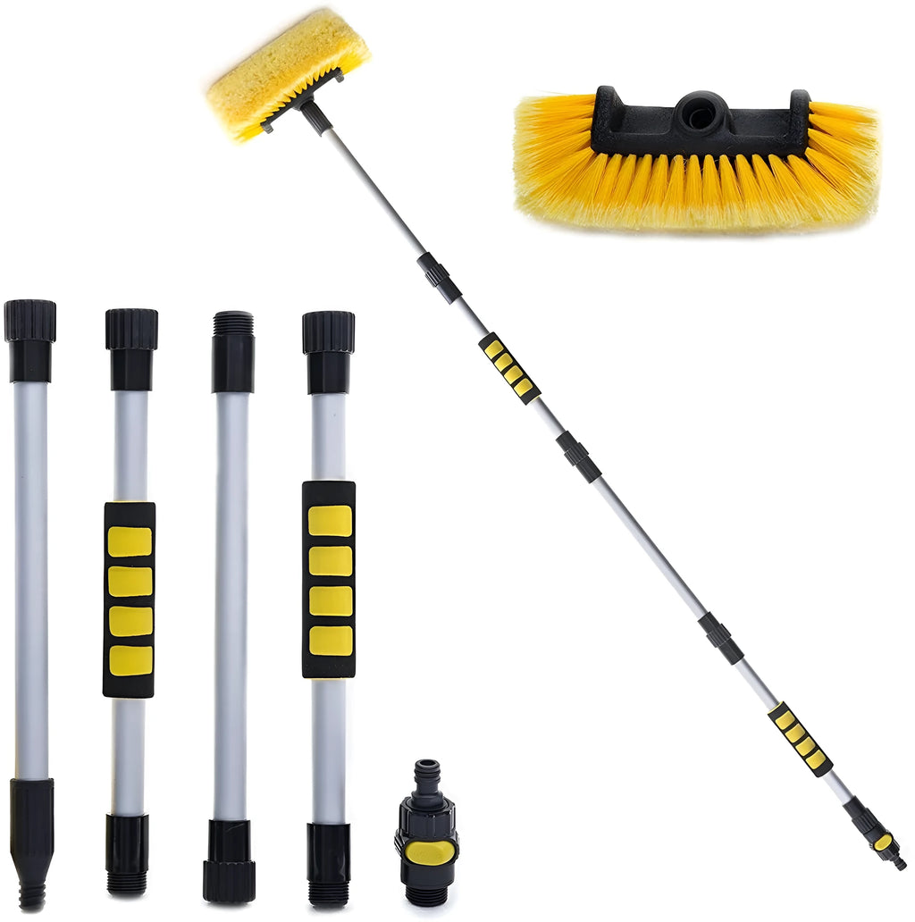 Car wash brush with four-section removable rod and flow-through head in yellow colour