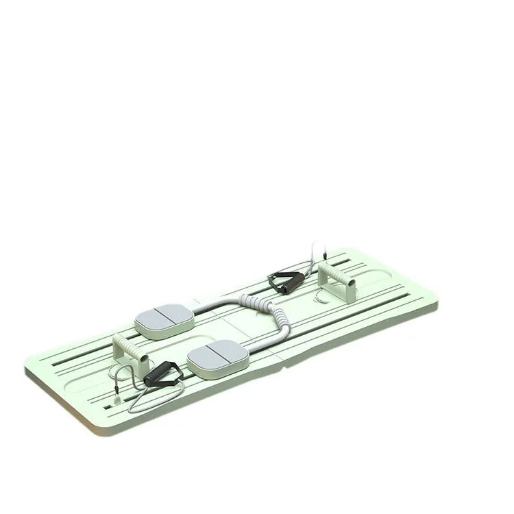 Foldable purple PP plastic fitness belly panel on a floor, shown in open and folded positions.